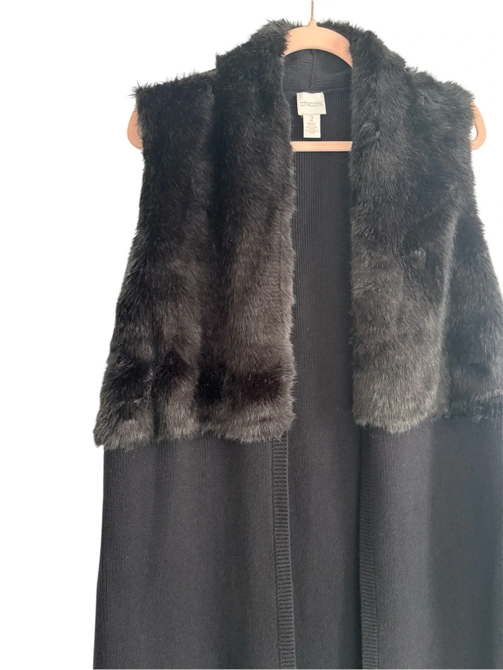 Chico’s Anastasia Black Faux Fur Trim Maxi Skirted Vest Sz 2